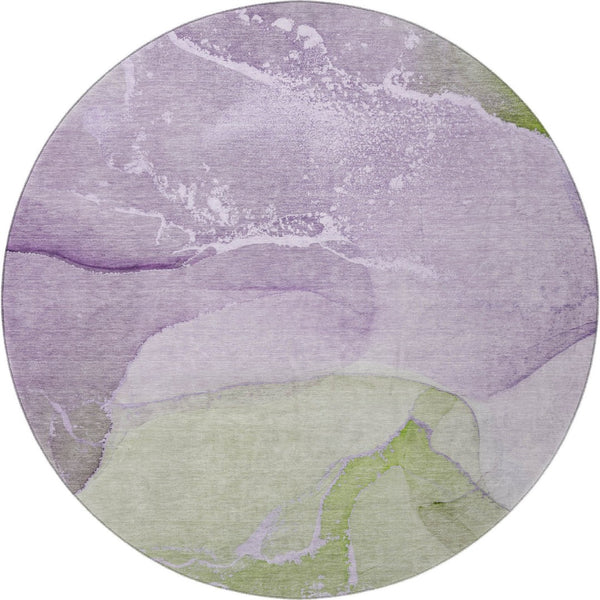 HomeRoots 8' Vibrant Purple, Green & Ivory Abstract Washable Round Rug with UV Protection for Busy Homes 647209