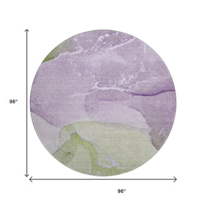 HomeRoots 8' Vibrant Purple, Green & Ivory Abstract Washable Round Rug with UV Protection for Busy Homes 647209