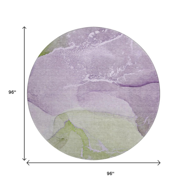 HomeRoots 8' Vibrant Purple, Green & Ivory Abstract Washable Round Rug with UV Protection for Busy Homes 647209