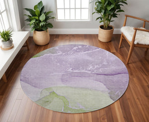 HomeRoots 8' Vibrant Purple, Green & Ivory Abstract Washable Round Rug with UV Protection for Busy Homes 647209