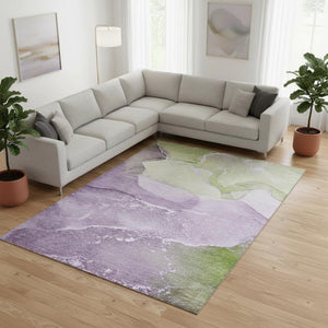 HomeRoots 8' X 10' Abstract Area Rug in Purple, Green & Ivory - Washable, UV-Protected, Stain-Resistant Design 647210