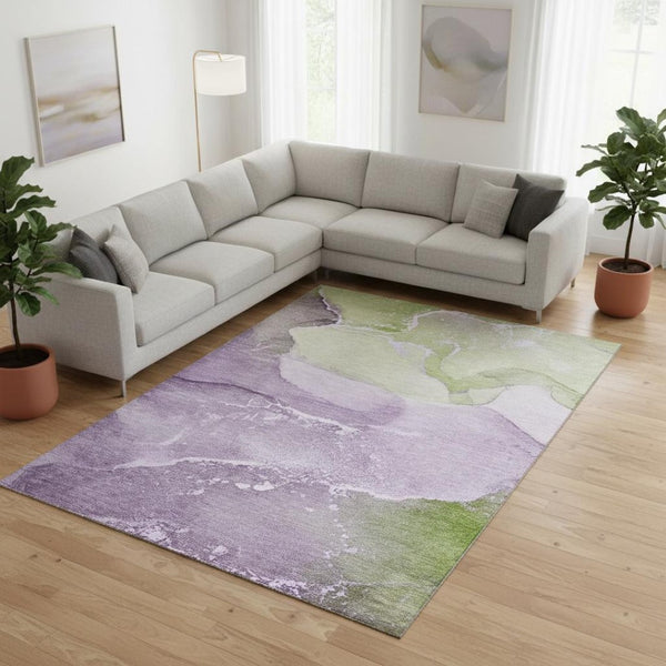 HomeRoots 8' X 10' Abstract Area Rug in Purple, Green & Ivory - Washable, UV-Protected, Stain-Resistant Design 647210