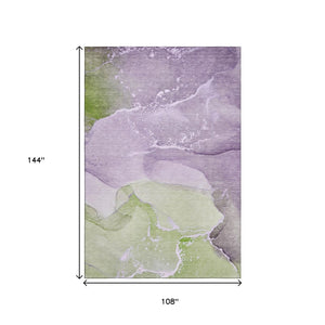 HomeRoots 9' X 12' Abstract Area Rug in Purple, Green & Ivory - Washable, UV Protected, Pet-Friendly Design! 647211