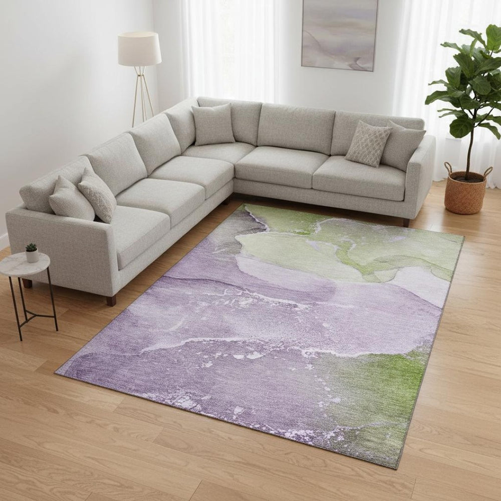HomeRoots 9' X 12' Abstract Area Rug in Purple, Green & Ivory - Washable, UV Protected, Pet-Friendly Design! 647211