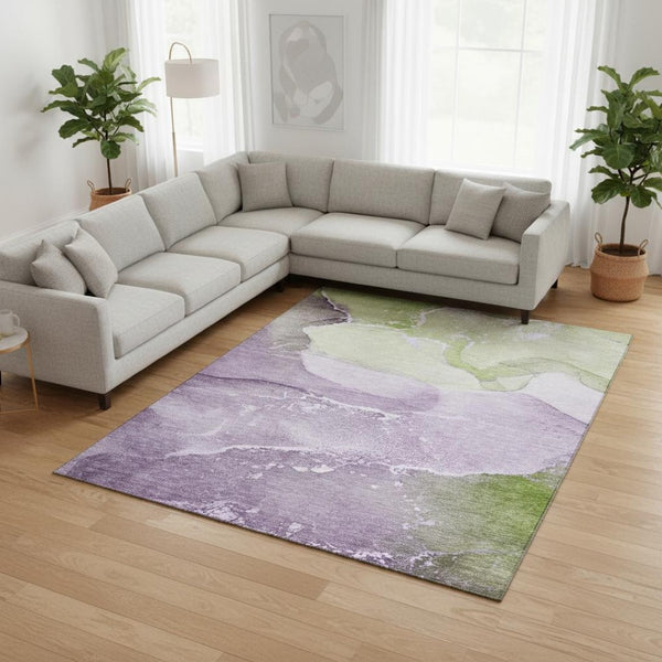 HomeRoots 10' X 14' Abstract Washable Area Rug in Purple, Green & Ivory - UV Protected, Durable & Stylish! 647212