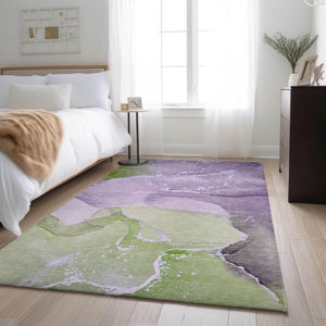 HomeRoots 10' X 14' Abstract Washable Area Rug in Purple, Green & Ivory - UV Protected, Durable & Stylish! 647212