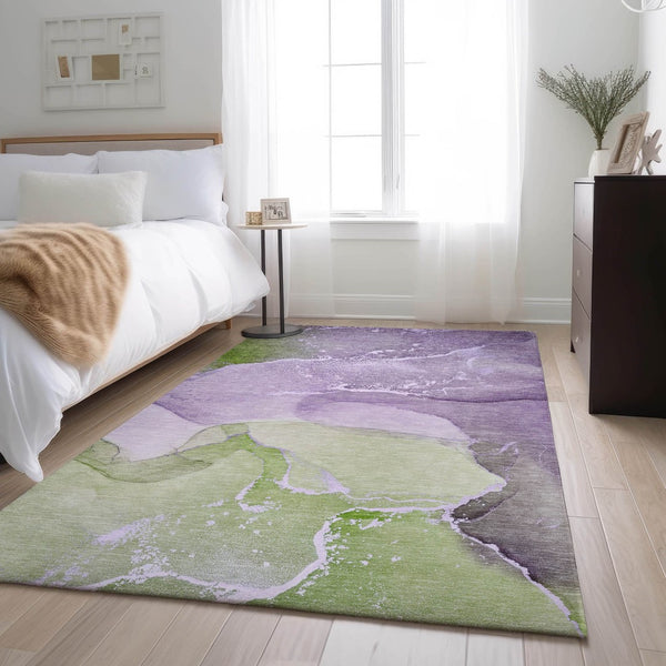 HomeRoots 10' X 14' Abstract Washable Area Rug in Purple, Green & Ivory - UV Protected, Durable & Stylish! 647212