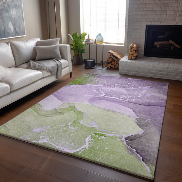 HomeRoots 10' X 14' Abstract Washable Area Rug in Purple, Green & Ivory - UV Protected, Durable & Stylish! 647212