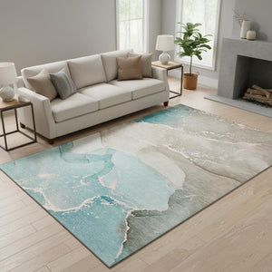 HomeRoots 5' X 8' Stylish Teal Beige Ivory Abstract Washable Area Rug with UV Protection for High Traffic Areas 647214