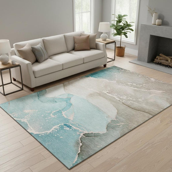 HomeRoots 5' X 8' Stylish Teal Beige Ivory Abstract Washable Area Rug with UV Protection for High Traffic Areas 647214