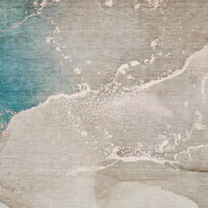 HomeRoots 5' X 8' Stylish Teal Beige Ivory Abstract Washable Area Rug with UV Protection for High Traffic Areas 647214