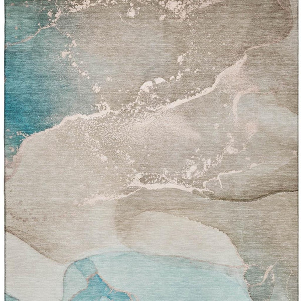 HomeRoots 5' X 8' Stylish Teal Beige Ivory Abstract Washable Area Rug with UV Protection for High Traffic Areas 647214