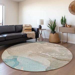 HomeRoots 8' Teal Beige Ivory Abstract Washable Round Rug - Durable, UV-Protected, Easy-Care Design for Homes 647215