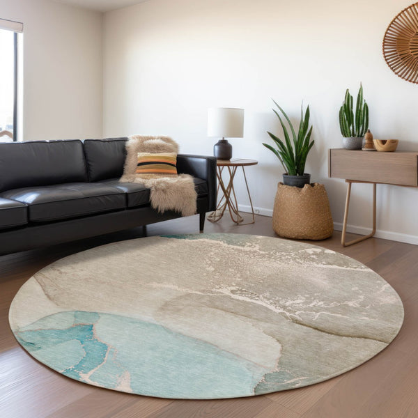HomeRoots 8' Teal Beige Ivory Abstract Washable Round Rug - Durable, UV-Protected, Easy-Care Design for Homes 647215