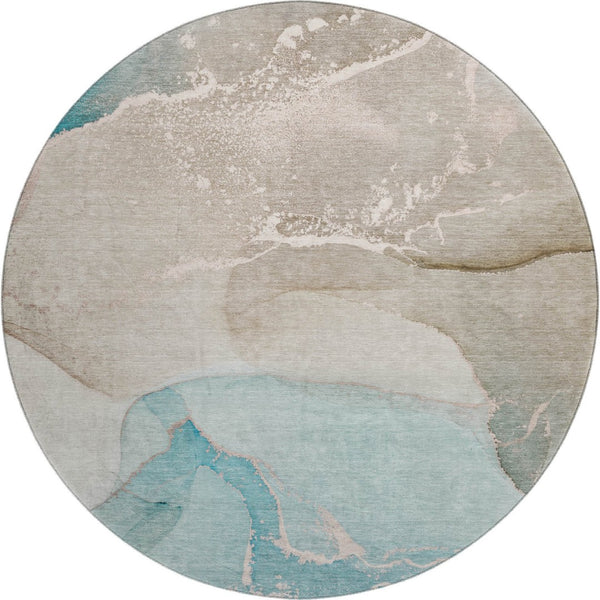 HomeRoots 8' Teal Beige Ivory Abstract Washable Round Rug - Durable, UV-Protected, Easy-Care Design for Homes 647215