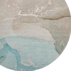 HomeRoots 8' Teal Beige Ivory Abstract Washable Round Rug - Durable, UV-Protected, Easy-Care Design for Homes 647215