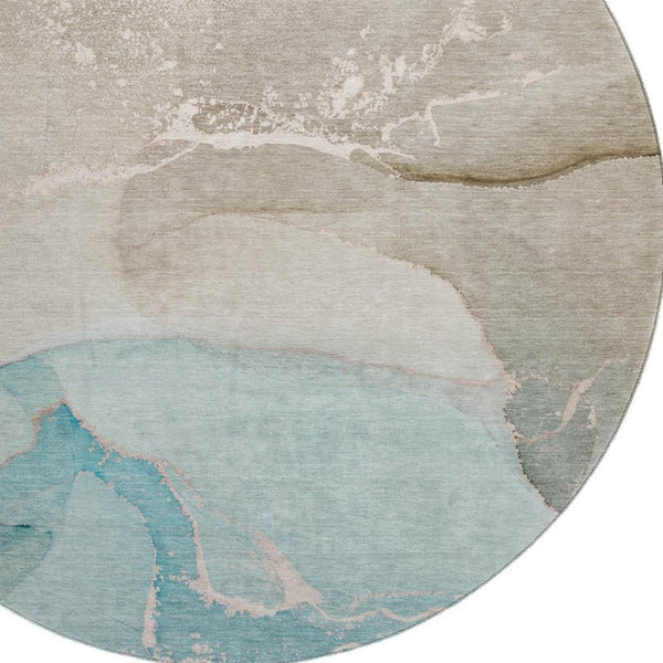 HomeRoots 8' Teal Beige Ivory Abstract Washable Round Rug - Durable, UV-Protected, Easy-Care Design for Homes 647215