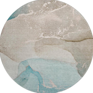 HomeRoots 8' Teal Beige Ivory Abstract Washable Round Rug - Durable, UV-Protected, Easy-Care Design for Homes 647215