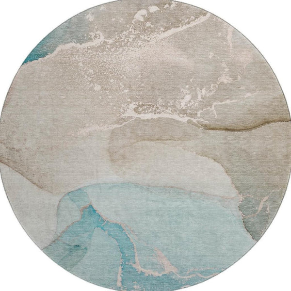 HomeRoots 8' Teal Beige Ivory Abstract Washable Round Rug - Durable, UV-Protected, Easy-Care Design for Homes 647215