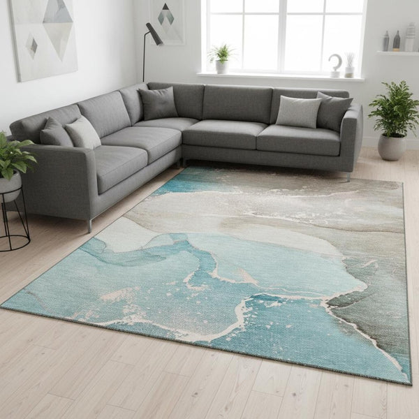 HomeRoots 8' X 10' Stylish Teal Beige Ivory Abstract Area Rug - Durable, Washable, UV Protected for Busy Homes 647216