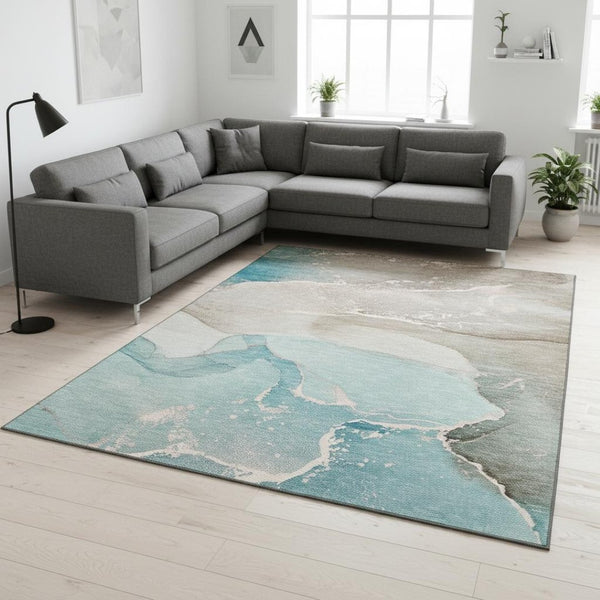 HomeRoots 9' X 12' Teal Beige Ivory Abstract Washable Area Rug - Durable, UV Protected for Modern Spaces 647217