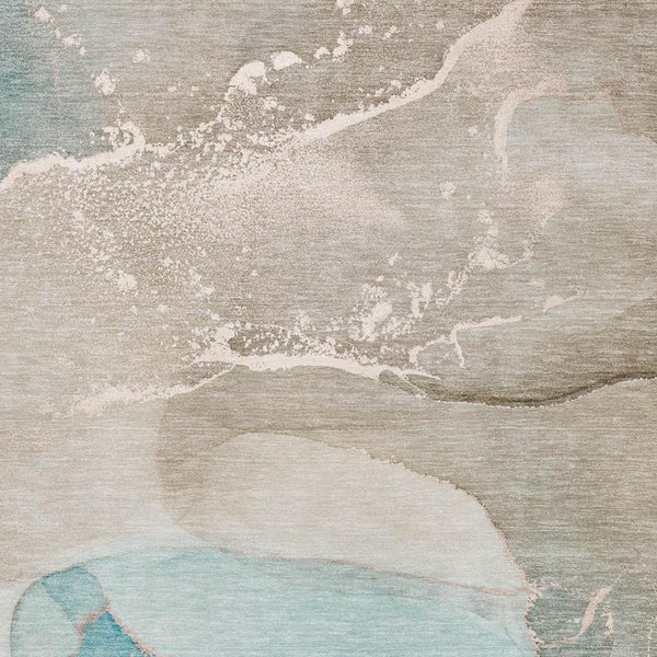 HomeRoots 9' X 12' Teal Beige Ivory Abstract Washable Area Rug - Durable, UV Protected for Modern Spaces 647217