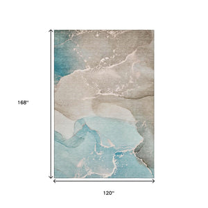 HomeRoots 10' Teal, Beige & Ivory Abstract Washable Area Rug - UV-Protected, Stylish, Durable for Any Space 647218