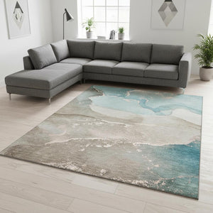 HomeRoots 10' Teal, Beige & Ivory Abstract Washable Area Rug - UV-Protected, Stylish, Durable for Any Space 647218