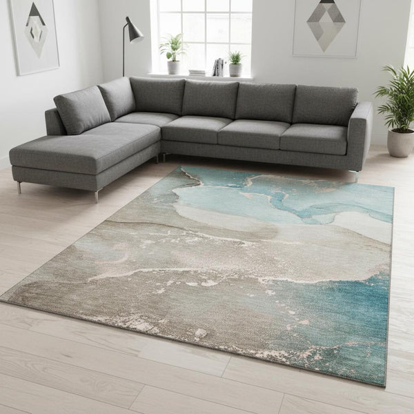 HomeRoots 10' Teal, Beige & Ivory Abstract Washable Area Rug - UV-Protected, Stylish, Durable for Any Space 647218