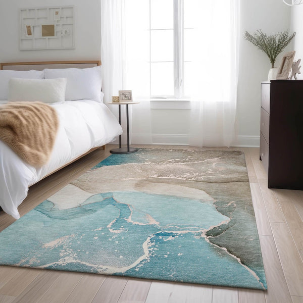 HomeRoots 10' Teal, Beige & Ivory Abstract Washable Area Rug - UV-Protected, Stylish, Durable for Any Space 647218