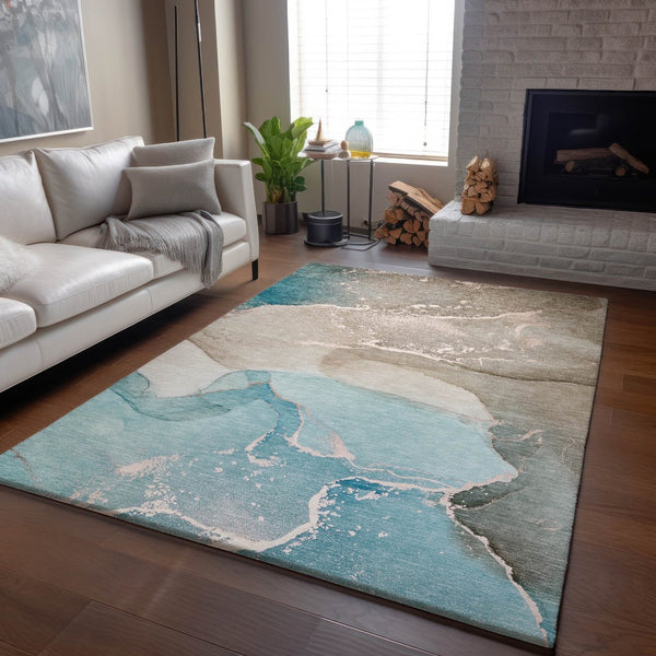 HomeRoots 10' Teal, Beige & Ivory Abstract Washable Area Rug - UV-Protected, Stylish, Durable for Any Space 647218