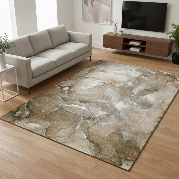HomeRoots 5' X 8' Washable Area Rug in Brown, Ivory & Gray - Modern Abstract, UV Protected & Stain-Resistant 647220