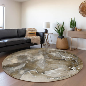 HomeRoots 8' Modern Abstract Washable Round Rug in Brown, Ivory & Gray – UV Protected, Stain Resistant Design 647221