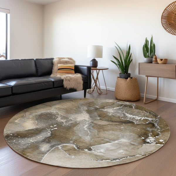HomeRoots 8' Modern Abstract Washable Round Rug in Brown, Ivory & Gray – UV Protected, Stain Resistant Design 647221
