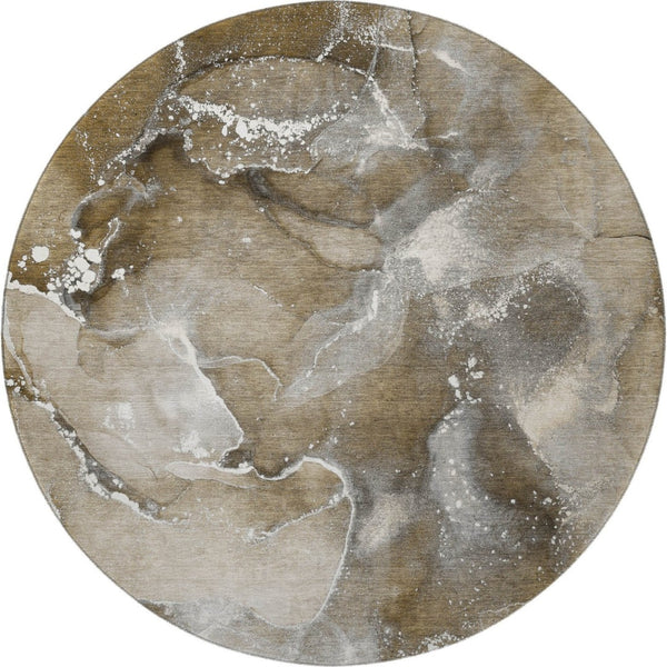 HomeRoots 8' Modern Abstract Washable Round Rug in Brown, Ivory & Gray – UV Protected, Stain Resistant Design 647221