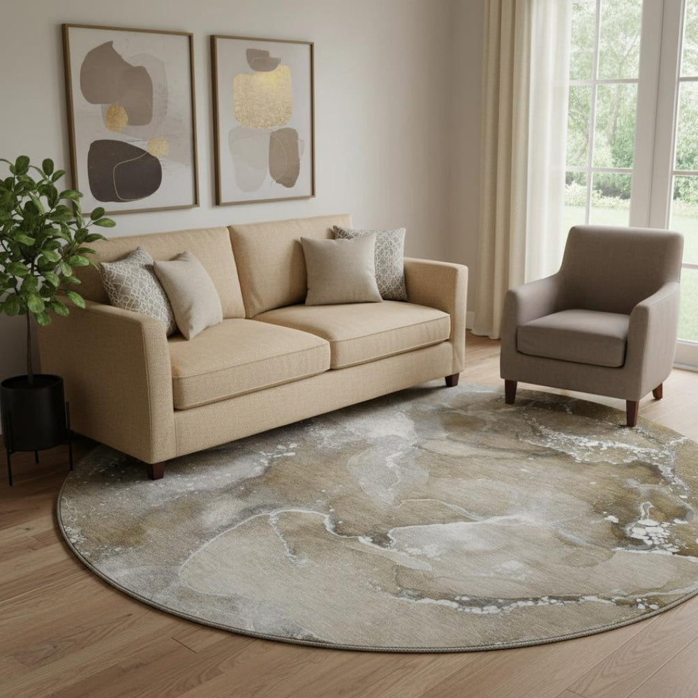 HomeRoots 8' Modern Abstract Washable Round Rug in Brown, Ivory & Gray – UV Protected, Stain Resistant Design 647221