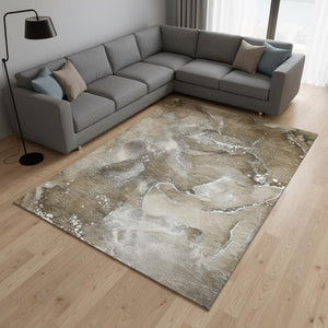 HomeRoots 8' X 10' Stylish Brown Ivory Gray Abstract Area Rug - Washable, UV Protected, Perfect for High-Traffic Areas 647222