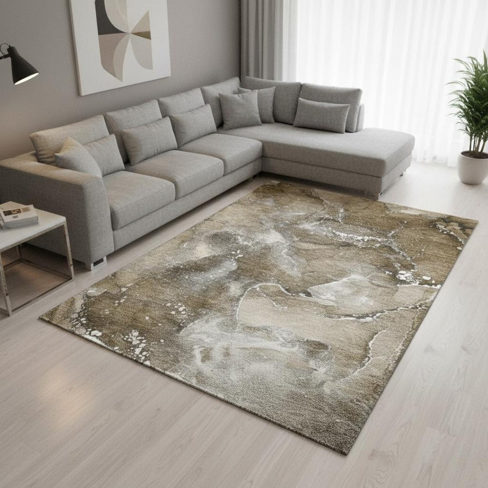 HomeRoots 9' X 12' Contemporary Brown Ivory Gray Abstract Area Rug - Washable, UV Protected, Pet-Friendly Design 647223