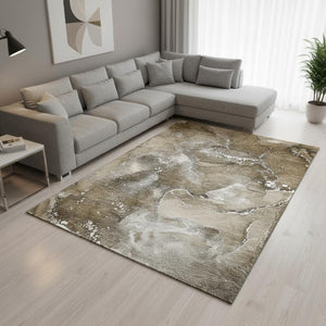 HomeRoots 9' X 12' Contemporary Brown Ivory Gray Abstract Area Rug - Washable, UV Protected, Pet-Friendly Design 647223