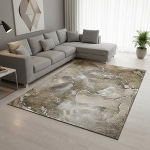 HomeRoots 10' X 14' Abstract Washable Area Rug in Brown, Ivory & Gray - UV Protected for Busy Homes 647224