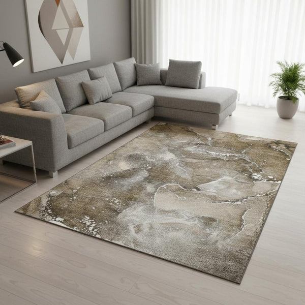 HomeRoots 10' X 14' Abstract Washable Area Rug in Brown, Ivory & Gray - UV Protected for Busy Homes 647224