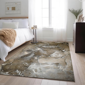 HomeRoots 10' X 14' Abstract Washable Area Rug in Brown, Ivory & Gray - UV Protected for Busy Homes 647224
