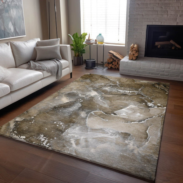 HomeRoots 10' X 14' Abstract Washable Area Rug in Brown, Ivory & Gray - UV Protected for Busy Homes 647224