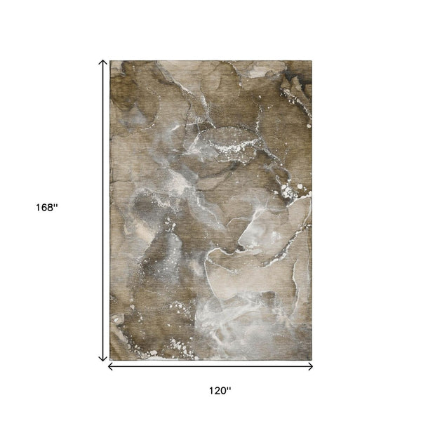 HomeRoots 10' X 14' Abstract Washable Area Rug in Brown, Ivory & Gray - UV Protected for Busy Homes 647224