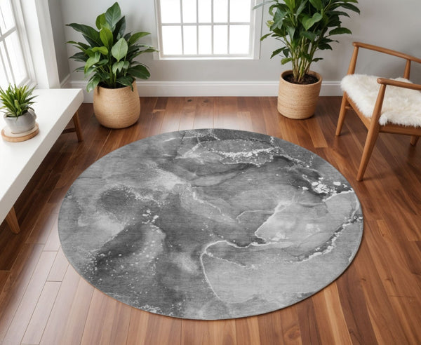 HomeRoots 8' Gray And Ivory Abstract Washable Round Rug - Stylish, Durable, and UV-Protected for Every Home 647227