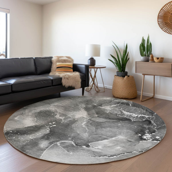 HomeRoots 8' Gray And Ivory Abstract Washable Round Rug - Stylish, Durable, and UV-Protected for Every Home 647227