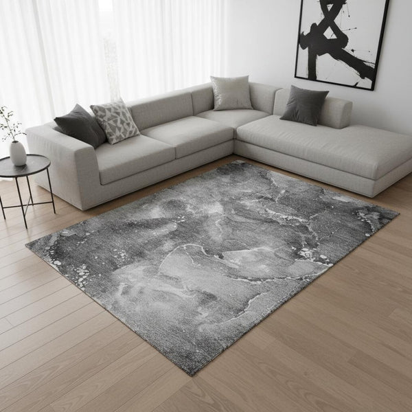 HomeRoots 8' X 10' Gray And Ivory Abstract Area Rug - Washable, UV Protected, Stain Resistant, Modern Design 647228