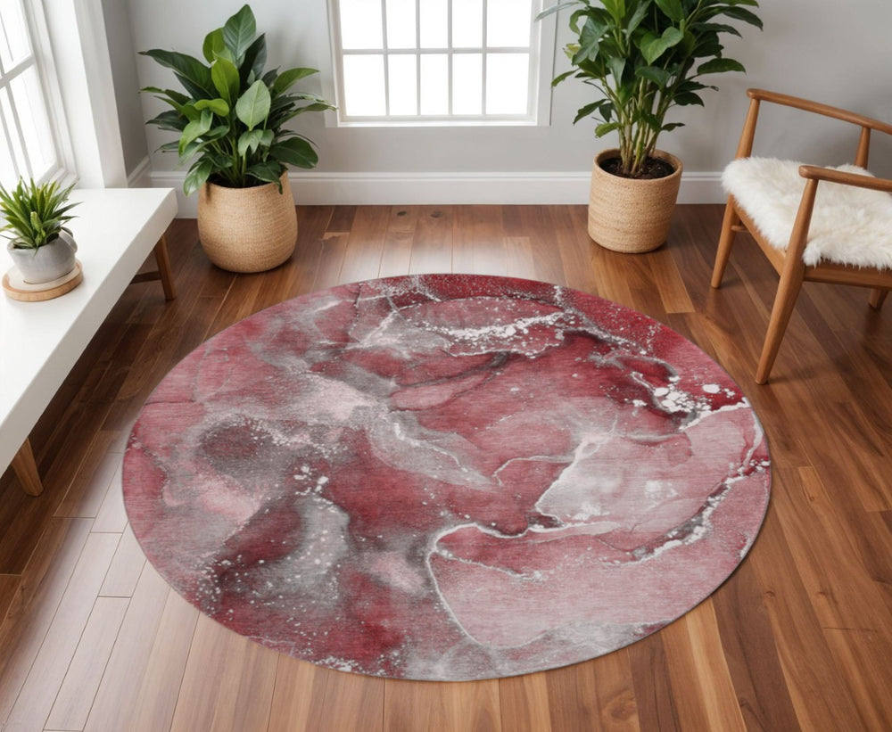 HomeRoots 8' Merlot and Ivory Abstract Round Rug – Washable, UV-Protected, and Perfect for Busy Homes! 647233