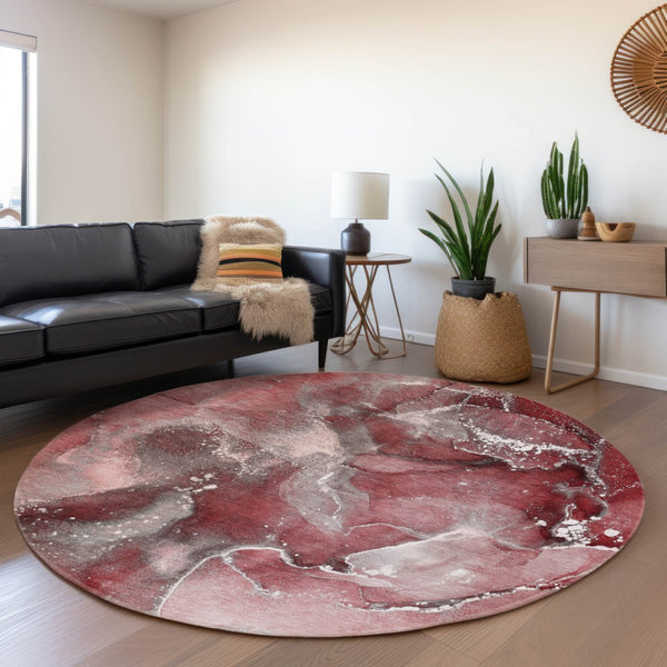 HomeRoots 8' Merlot and Ivory Abstract Round Rug – Washable, UV-Protected, and Perfect for Busy Homes! 647233