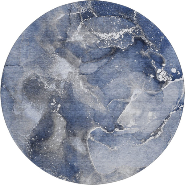 HomeRoots 8' Navy Blue and Ivory Abstract Washable Round Rug - Stylish, Durable, and UV-Protected for Any Space 647239